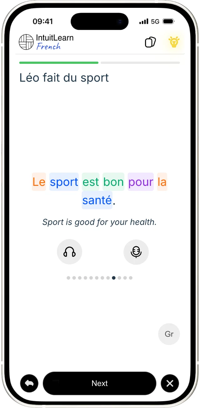 French sentence pronunciation practice interface