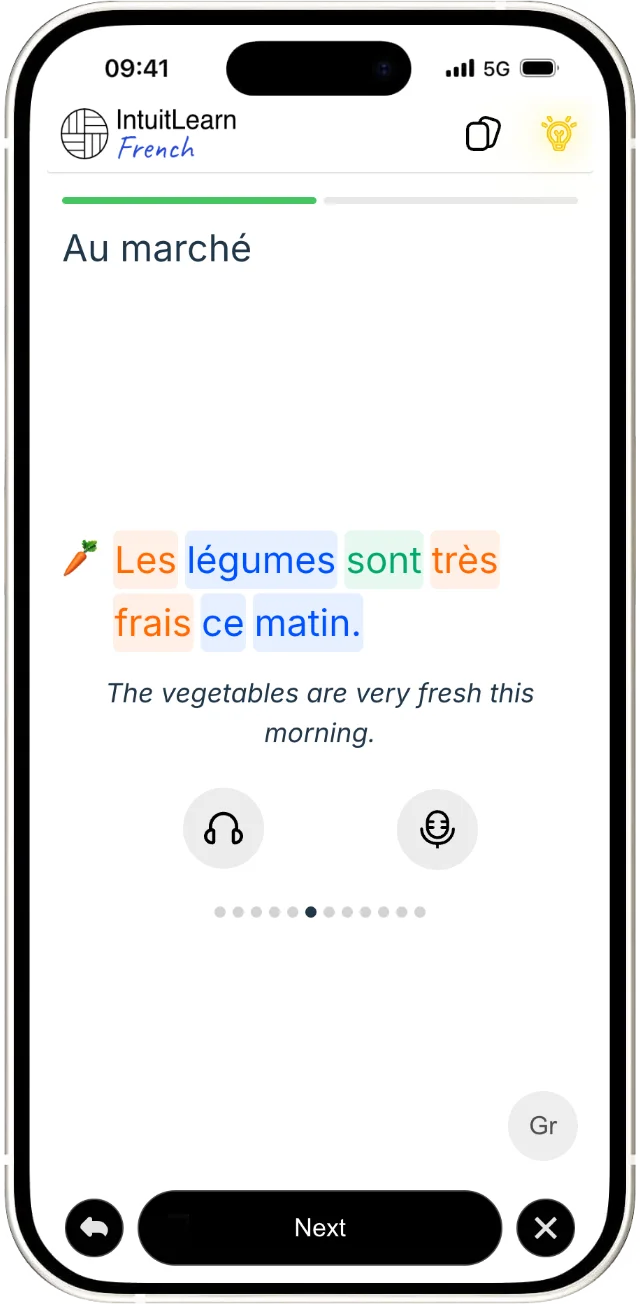 French sentence pronunciation practice interface